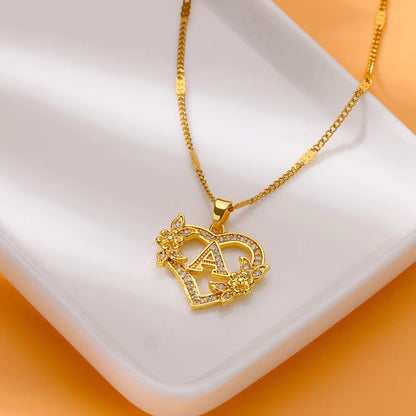 Zircon Flower Initials Necklaces for Women -Stainless Steel Heart Gold Color Letter Chain