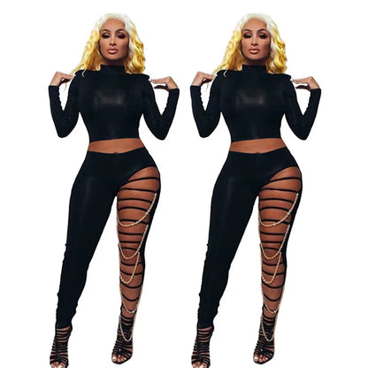 Black Sexy 2 Piece Set Women Sets -Crop Top and Hollow Out Pants -Outfits for Women 