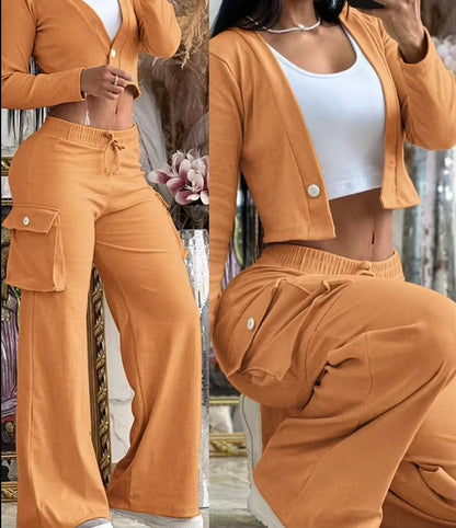 Two Piece Sets Womens Outifits Fashion and Elegant Autumn Cardigan Long Sleeve Coats Drawstring Pants 2023 Pocket Solid Suit