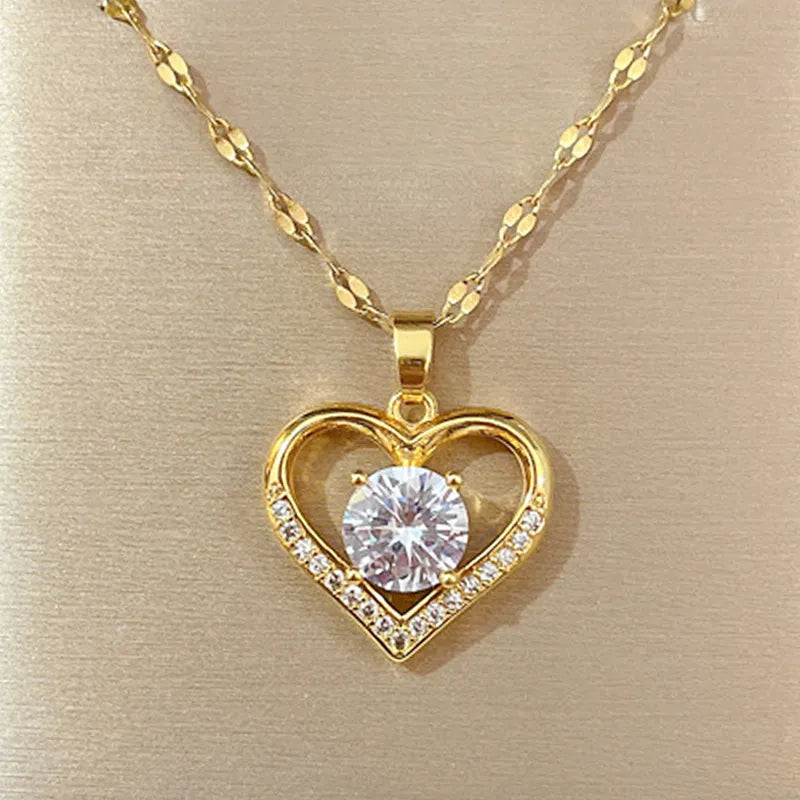 Artificial Gems Heart Pendant Necklace for Women- Golden Stainless Steel Lips Neck Chain Necklaces 