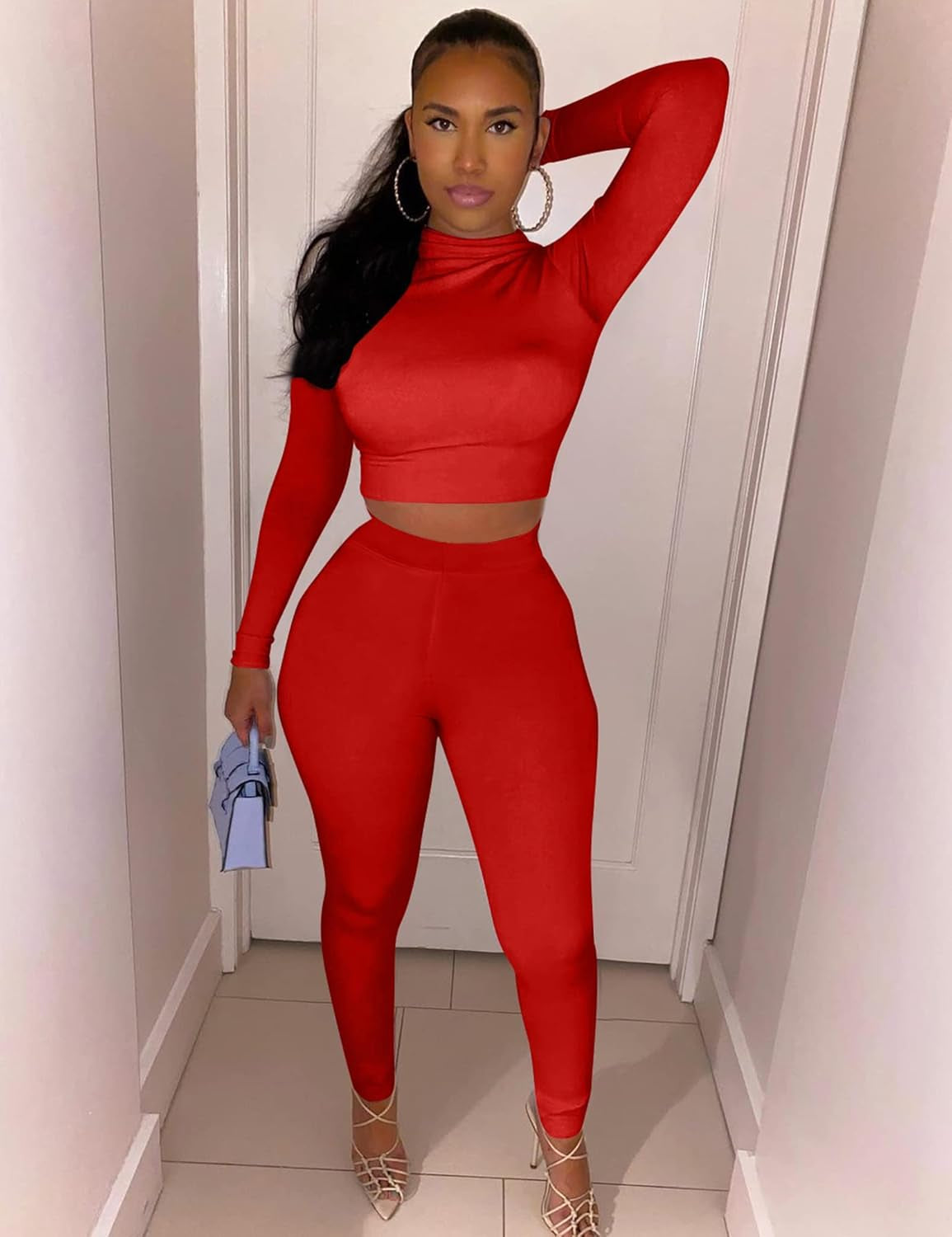  2 Piece Outfits Long Sleeve Crop Top High Waist Legging Pants Set