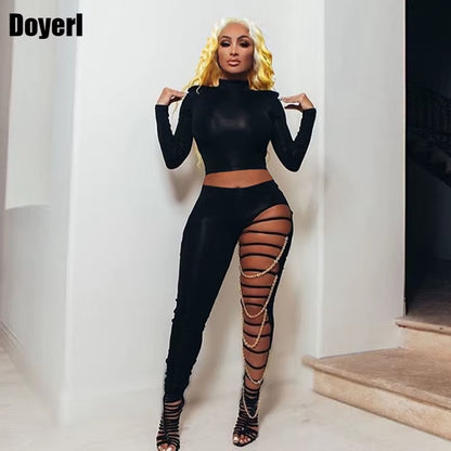 Black Sexy 2 Piece Set Women Sets -Crop Top and Hollow Out Pants -Outfits for Women 