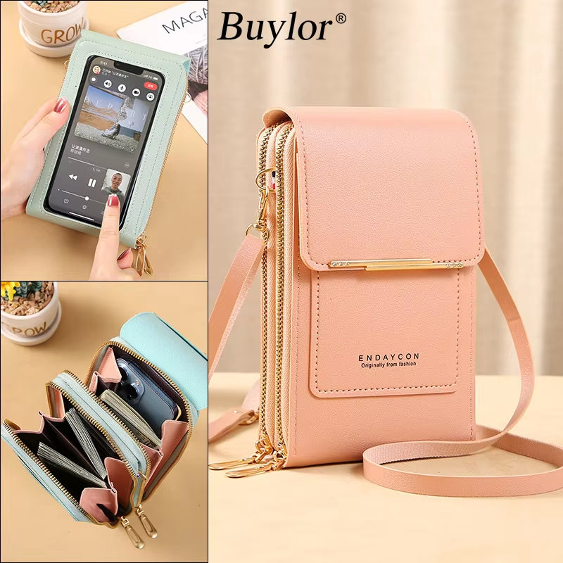 Small Women's Touch Screen Cell Phone Wallet -Soft Leather Crossbody