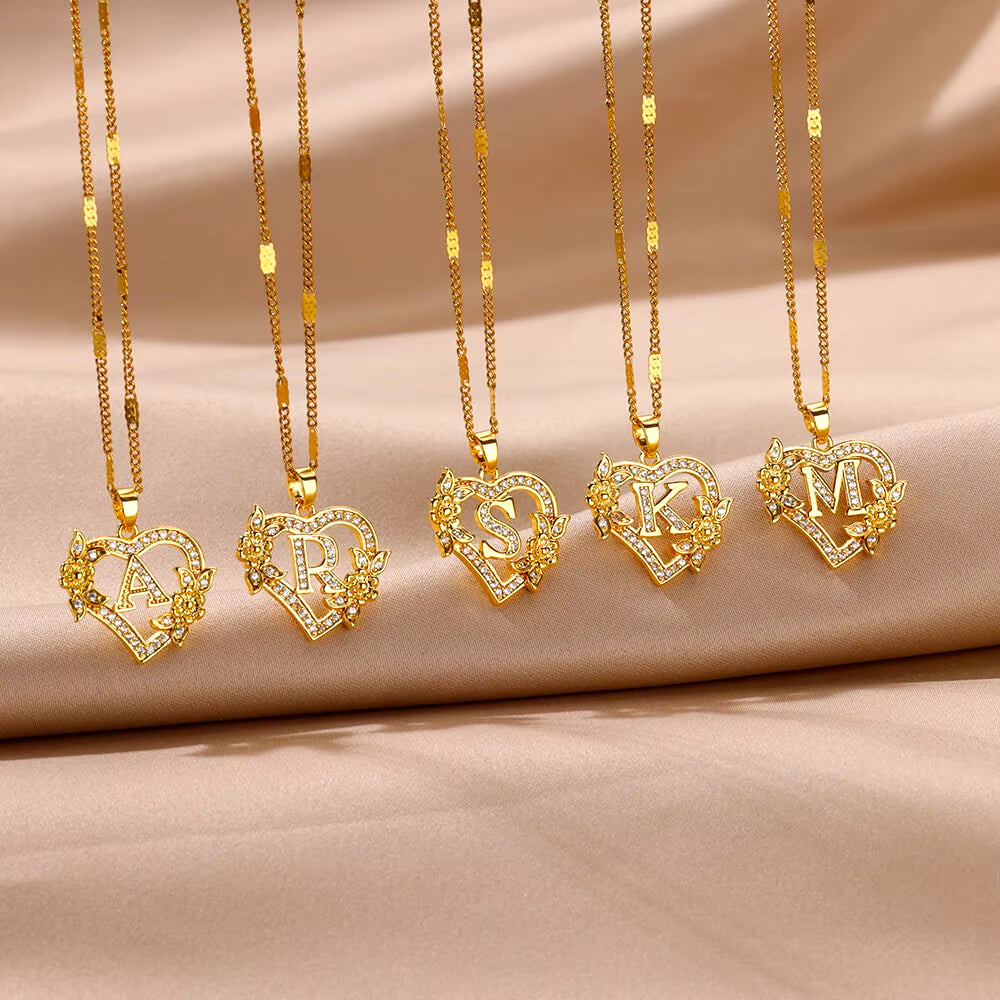 Zircon Flower Initials Necklaces for Women -Stainless Steel Heart Gold Color Letter Chain