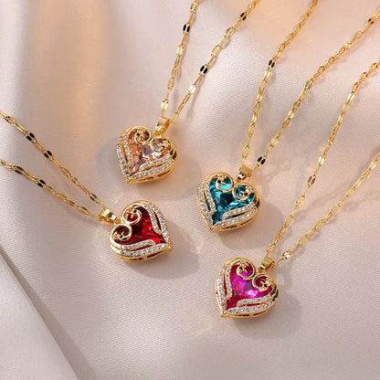 Colorful Zircon Love Heart Pendant Necklaces for Women Girls Stainless Steel Trendy Romantic Jewelry Accessories Gifts