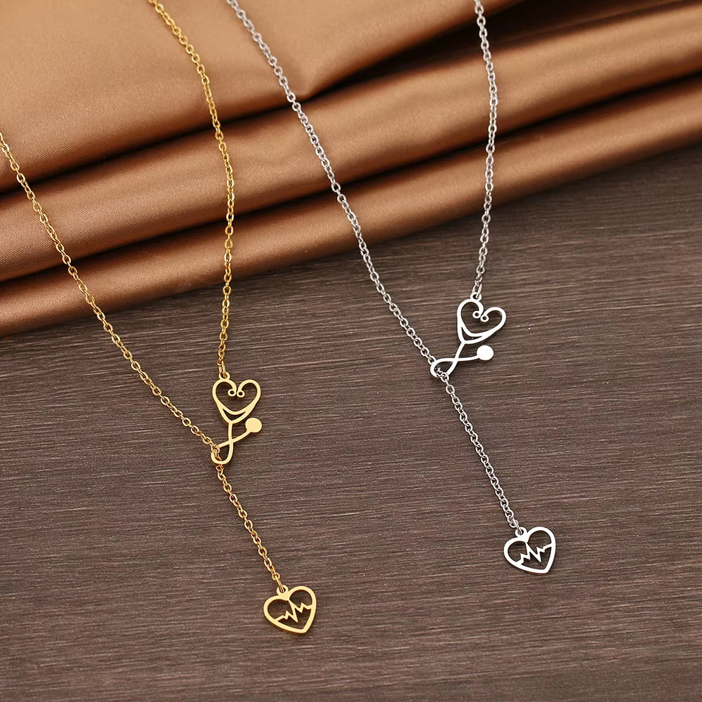 Stainless Steel Necklaces Stethoscope Electrocardiogram Pendant Collar Chain Fashion Necklace for Woman 