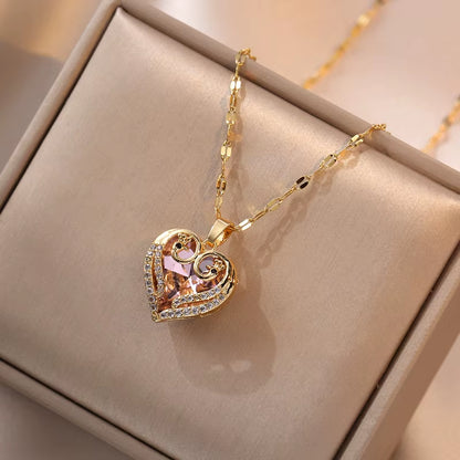 Colorful Zircon Love Heart Pendant Necklaces for Women Girls Stainless Steel Trendy Romantic Jewelry Accessories Gifts