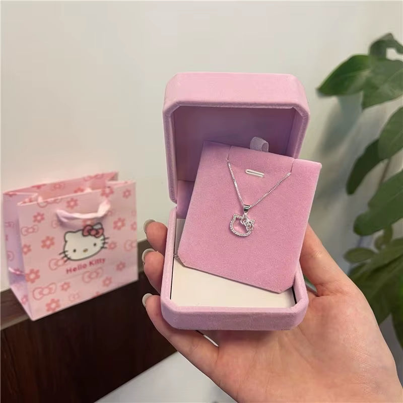 Hello Kitty Sanrio Pink Crystal Necklace Silver Alloy Anime Jewelry Chain 