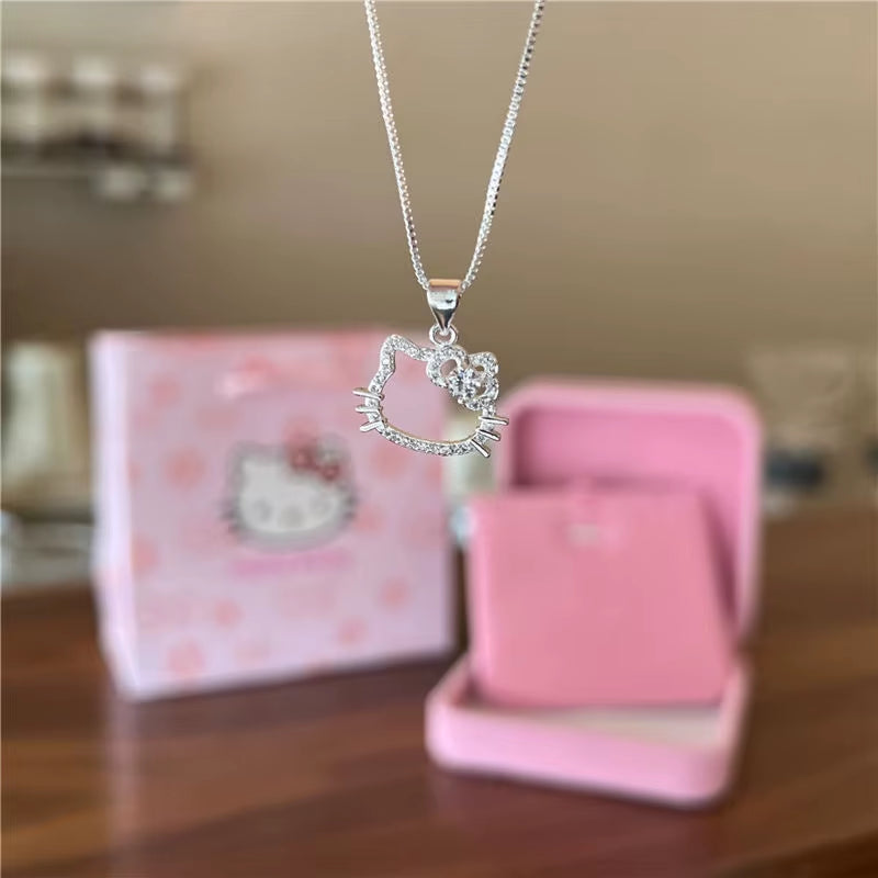 Hello Kitty Sanrio Pink Crystal Necklace Silver Alloy Anime Jewelry Chain 