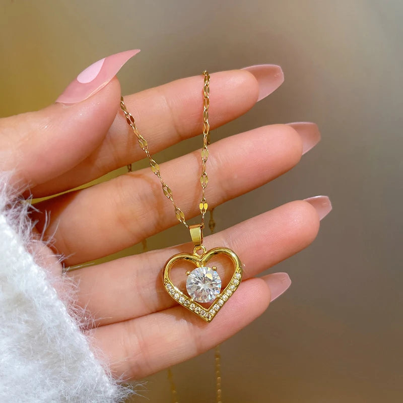 Artificial Gems Heart Pendant Necklace for Women- Golden Stainless Steel Lips Neck Chain Necklaces 