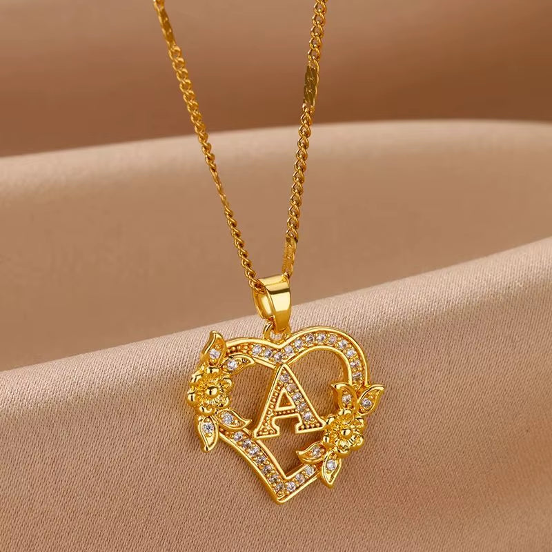 Zircon Flower Initials Necklaces for Women -Stainless Steel Heart Gold Color Letter Chain