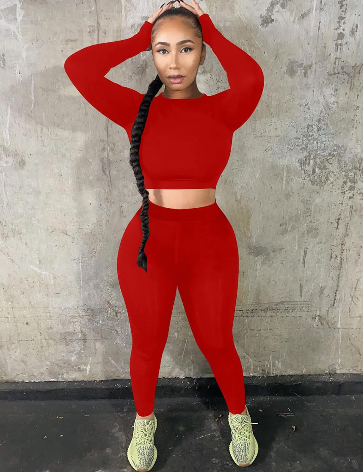  2 Piece Outfits Long Sleeve Crop Top High Waist Legging Pants Set