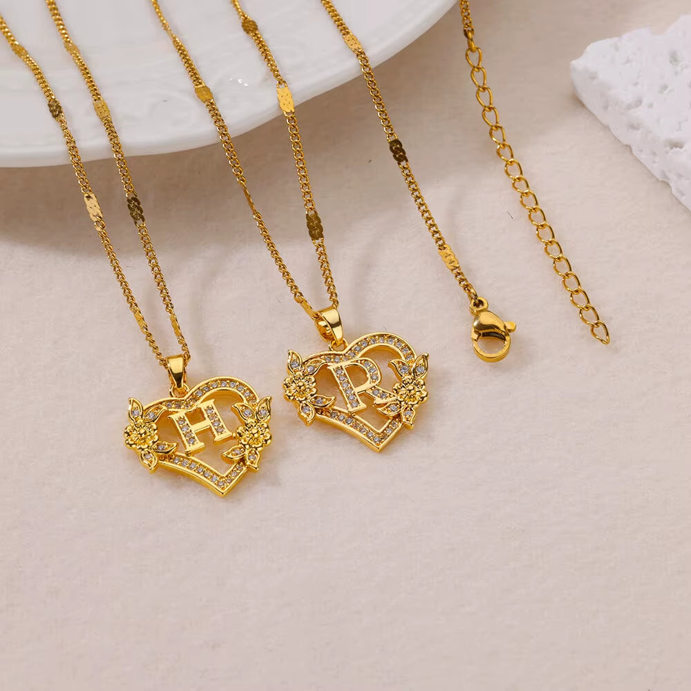 Zircon Flower Initials Necklaces for Women -Stainless Steel Heart Gold Color Letter Chain