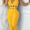 Sexy Women'S Jumpsuit Casual Solid Color V-Neck Suspender Top with Hollowed Out Buckle and Contrasting Mesh Elastic Jumpsuit