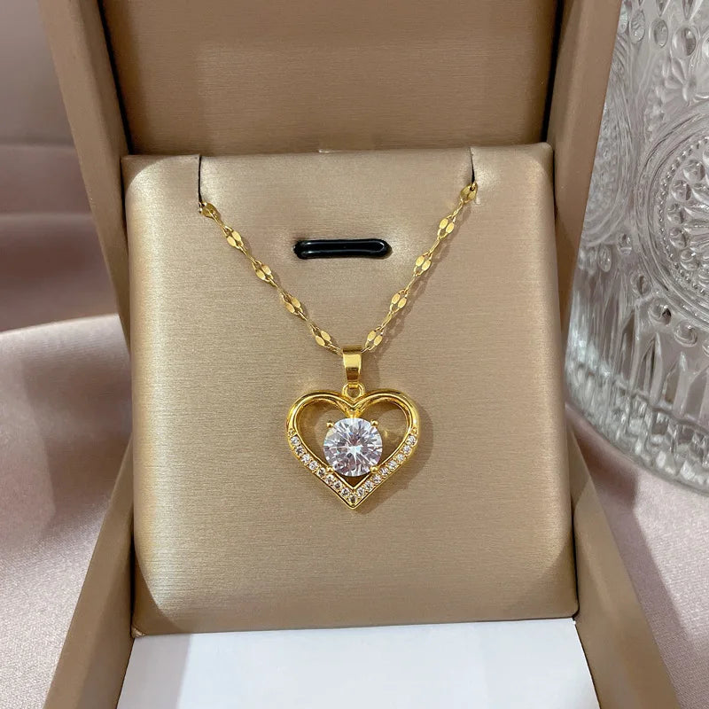 Artificial Gems Heart Pendant Necklace for Women- Golden Stainless Steel Lips Neck Chain Necklaces 