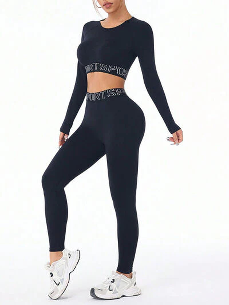 Letter Print round Neck Long Sleeve Top and Leggings Active Set