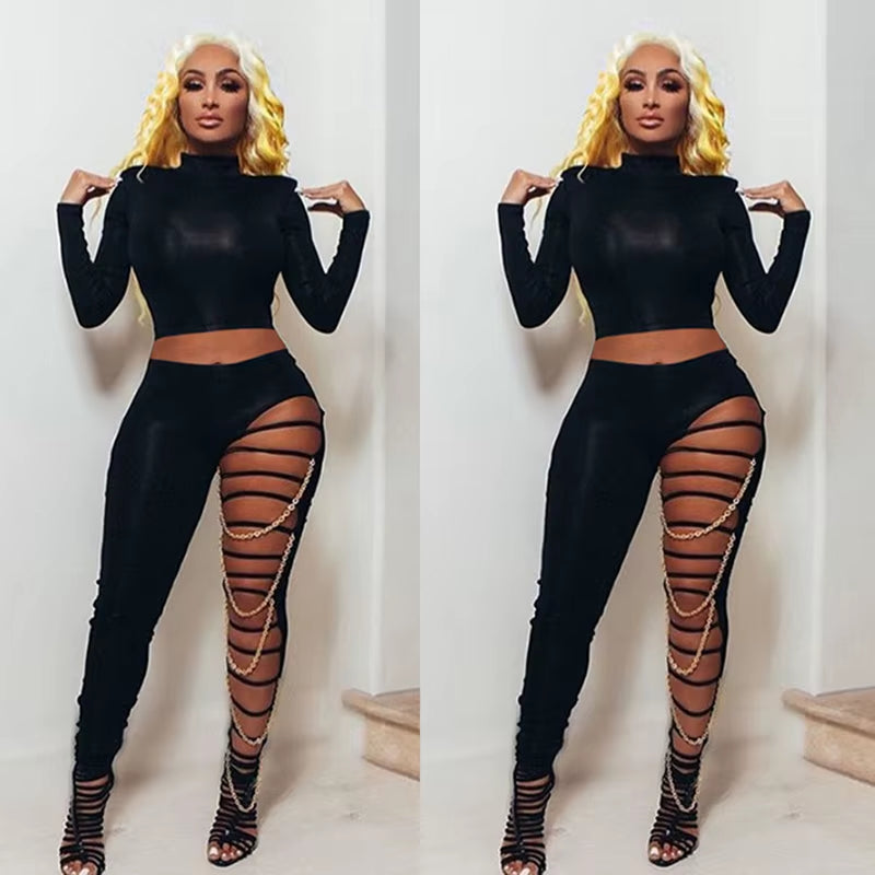 Black Sexy 2 Piece Set Women Sets -Crop Top and Hollow Out Pants -Outfits for Women 