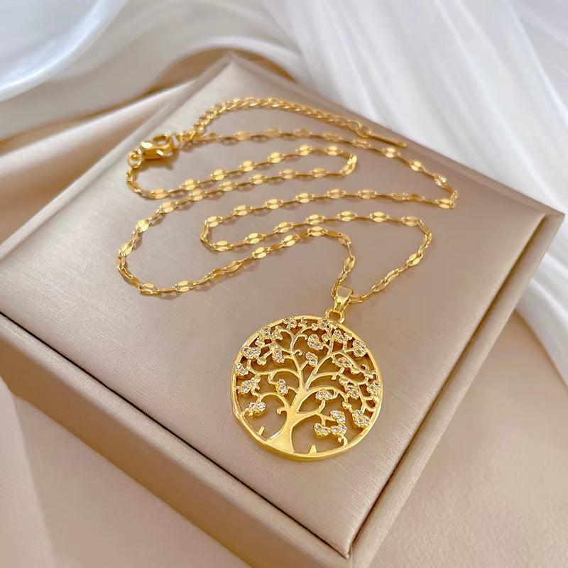 Temperamental Luxury Rhinestone -Tree of Life Pendant Necklace- Women Vintage Stainless Steel -Waterproof Chain Aesthetic Jewelry