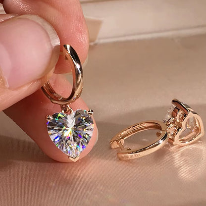 Women -Girls Charming Gold Color Hoop Earrings Heart Shape Zircon Dangle Earrings 