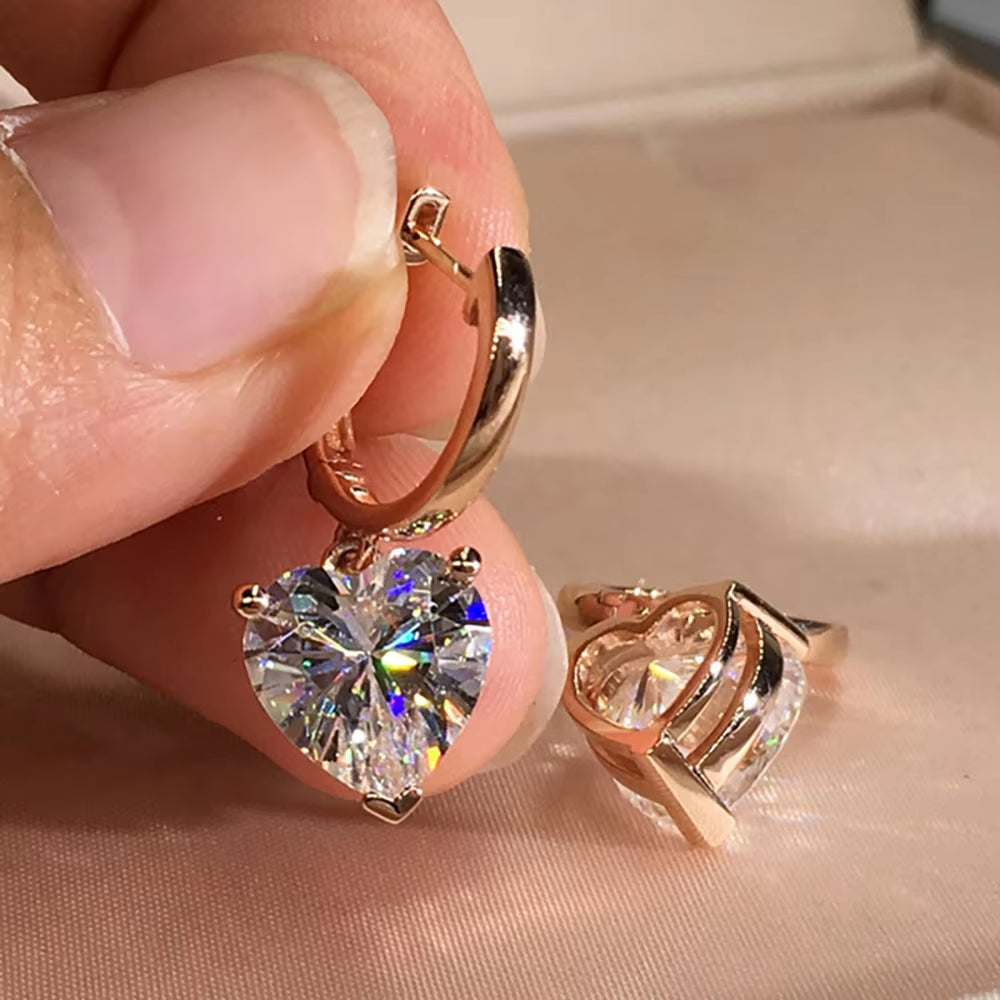 Women -Girls Charming Gold Color Hoop Earrings Heart Shape Zircon Dangle Earrings 