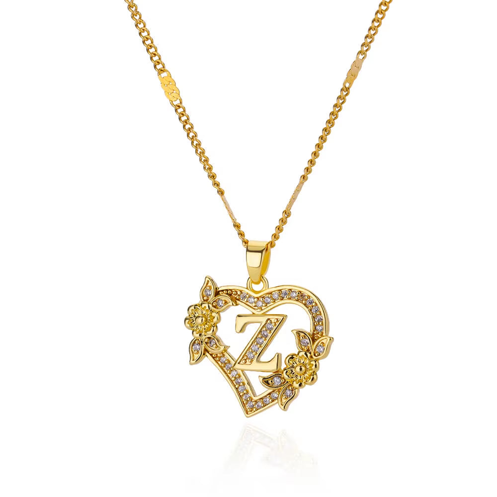 Zircon Flower Initials Necklaces for Women -Stainless Steel Heart Gold Color Letter Chain