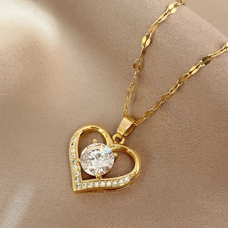 Artificial Gems Heart Pendant Necklace for Women- Golden Stainless Steel Lips Neck Chain Necklaces 