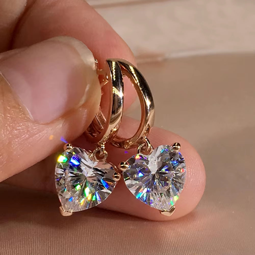 Women -Girls Charming Gold Color Hoop Earrings Heart Shape Zircon Dangle Earrings 