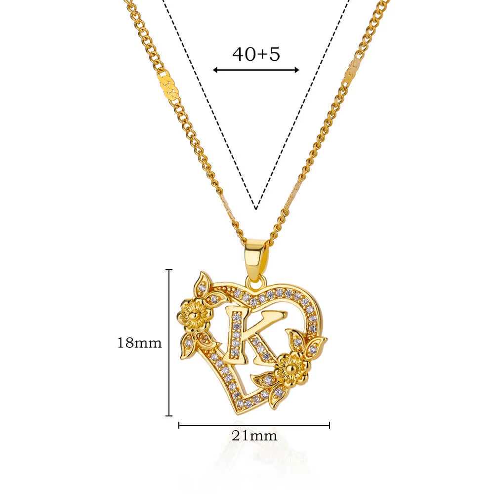 Zircon Flower Initials Necklaces for Women -Stainless Steel Heart Gold Color Letter Chain