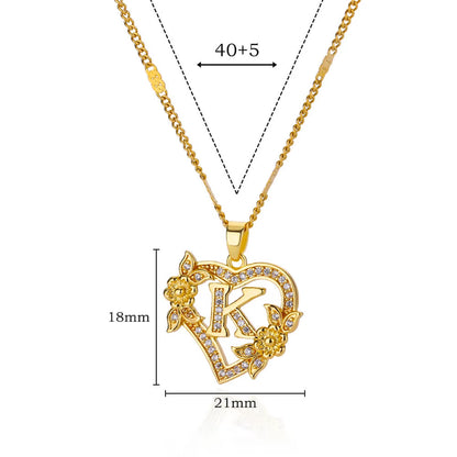 Zircon Flower Initials Necklaces for Women -Stainless Steel Heart Gold Color Letter Chain