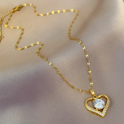 Artificial Gems Heart Pendant Necklace for Women- Golden Stainless Steel Lips Neck Chain Necklaces 