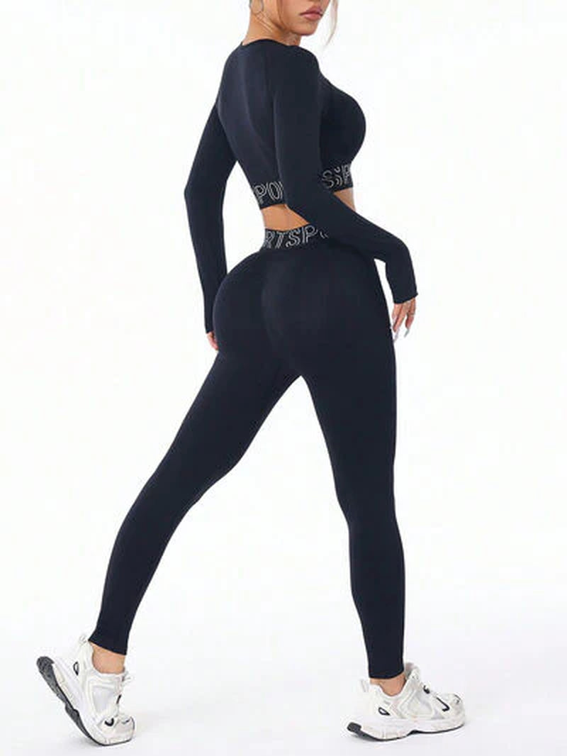 Letter Print round Neck Long Sleeve Top and Leggings Active Set