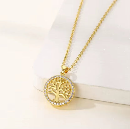 Temperamental Luxury Rhinestone -Tree of Life Pendant Necklace- Women Vintage Stainless Steel -Waterproof Chain Aesthetic Jewelry