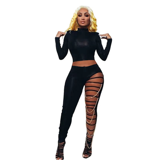 Black Sexy 2 Piece Set Women Sets -Crop Top and Hollow Out Pants -Outfits for Women 