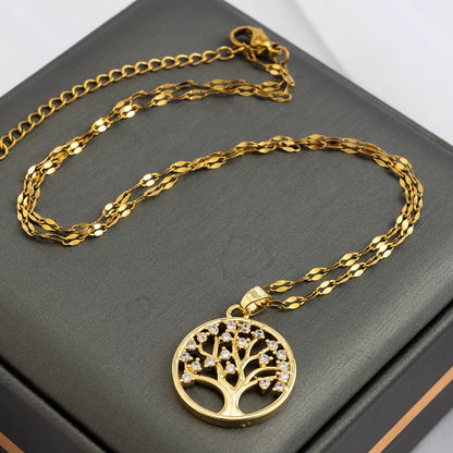 Temperamental Luxury Rhinestone -Tree of Life Pendant Necklace- Women Vintage Stainless Steel -Waterproof Chain Aesthetic Jewelry