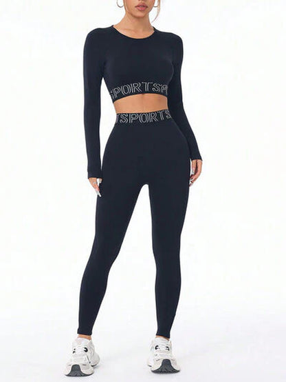 Letter Print round Neck Long Sleeve Top and Leggings Active Set