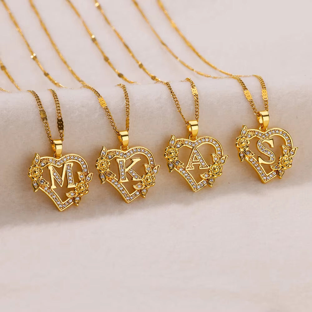 Zircon Flower Initials Necklaces for Women -Stainless Steel Heart Gold Color Letter Chain