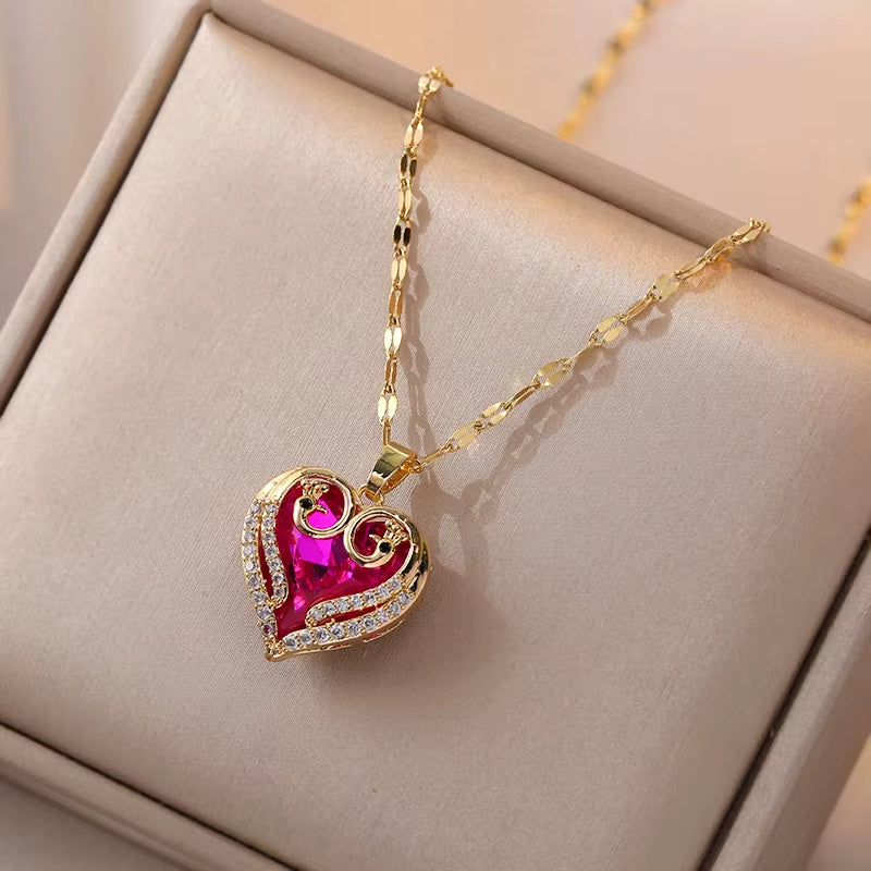 Colorful Zircon Love Heart Pendant Necklaces for Women Girls Stainless Steel Trendy Romantic Jewelry Accessories Gifts