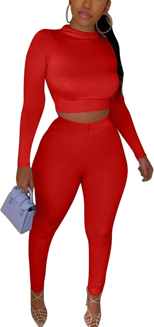  2 Piece Outfits Long Sleeve Crop Top High Waist Legging Pants Set