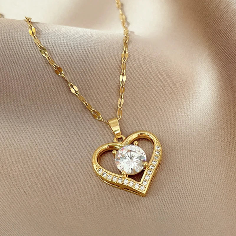 Artificial Gems Heart Pendant Necklace for Women- Golden Stainless Steel Lips Neck Chain Necklaces 