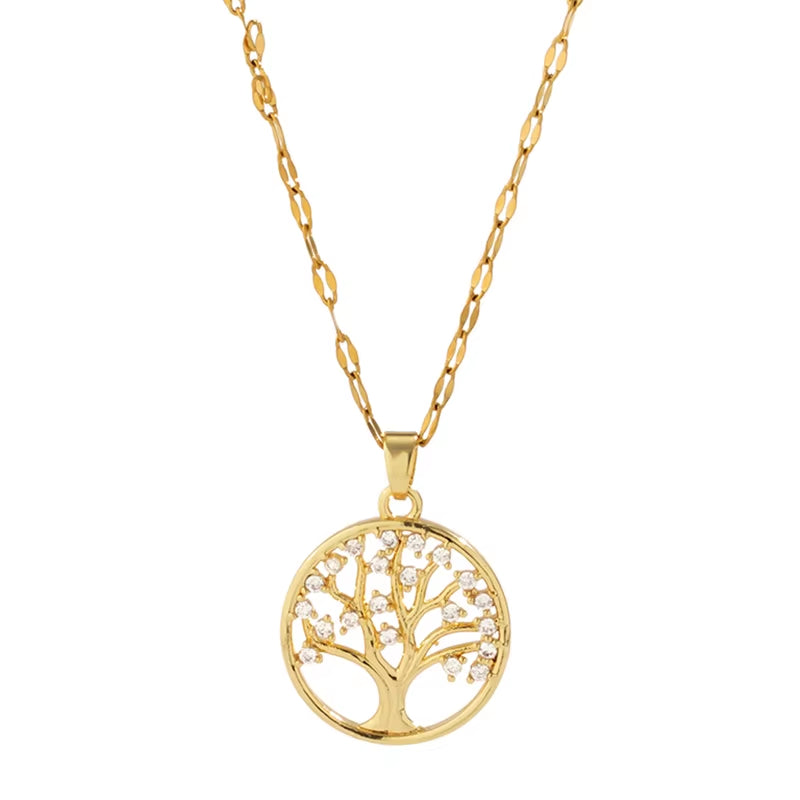 Temperamental Luxury Rhinestone -Tree of Life Pendant Necklace- Women Vintage Stainless Steel -Waterproof Chain Aesthetic Jewelry